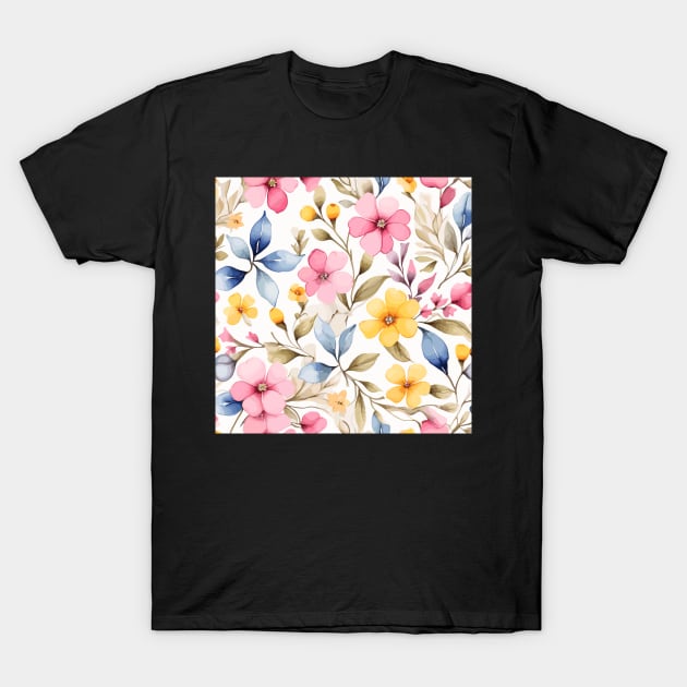 Light Pink and Yellow Flowers Pattern on White T-Shirt by Siha Arts